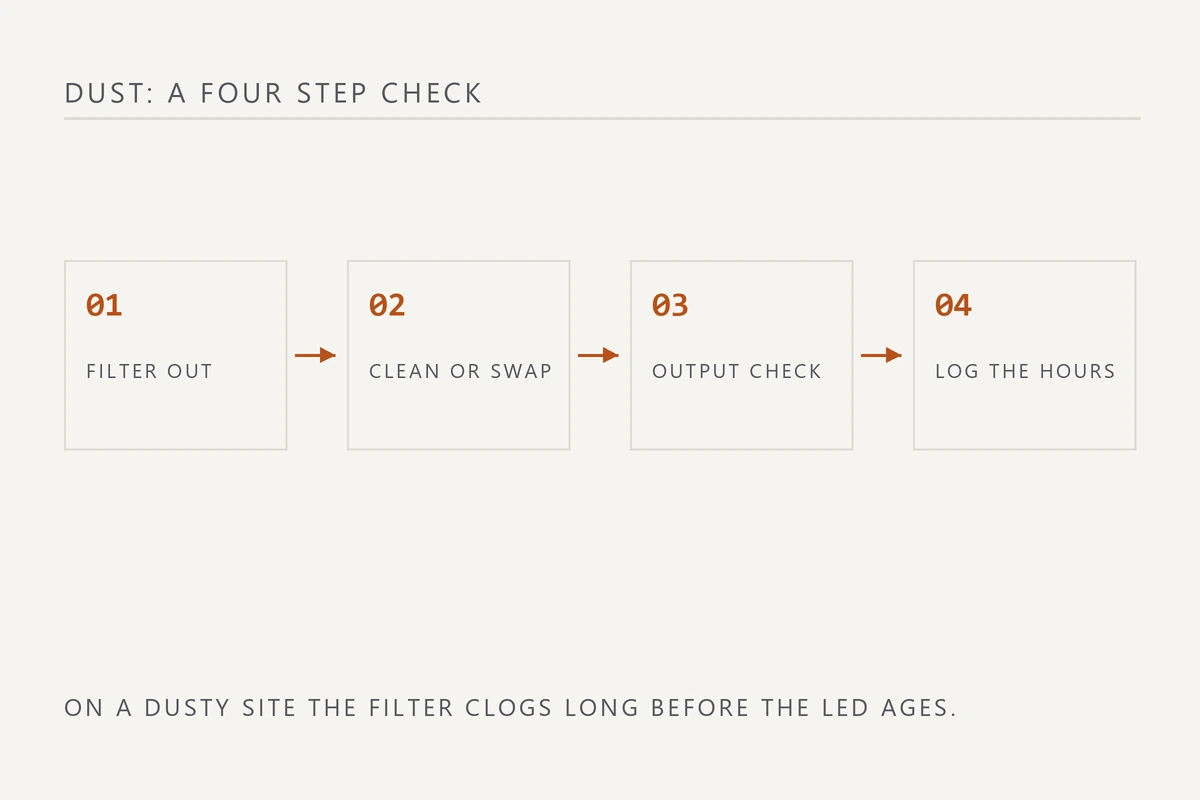 Four step diagram for balloon light maintenance: remove the filter, clean or replace it, check output, log the hours