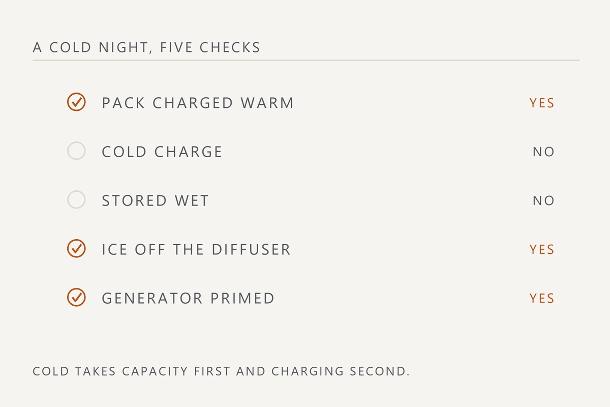Checklist diagram of five cold weather checks: a pack charged warm, ice cleared from the diffuser and a primed generator pass; a cold charge and wet storage fail