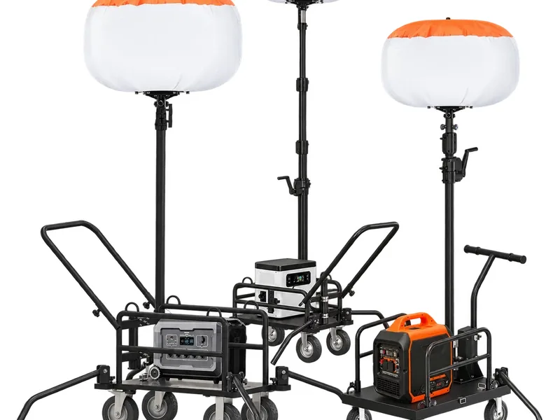 Three mobile balloon light carts with orange capped lamps, one with a battery station and one with a generator