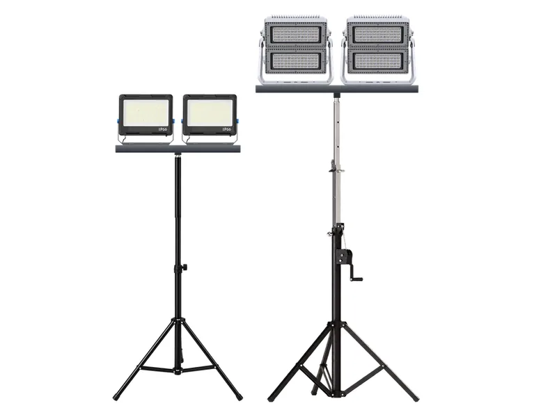 Two LED floodlight heads mounted on telescopic tripods, IP66 marked on the lamp body