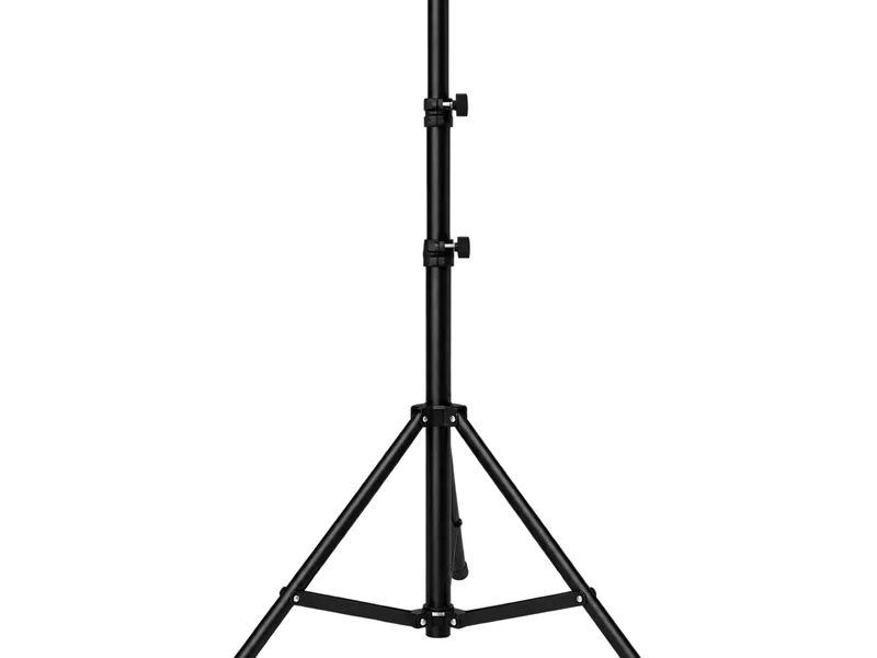 Black telescopic lighting tripod with a hand crank and three folding legs on a white background